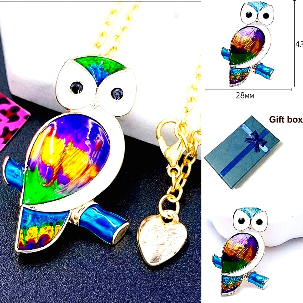 Gold blue purple yellow-green Owl Necklace/brooch